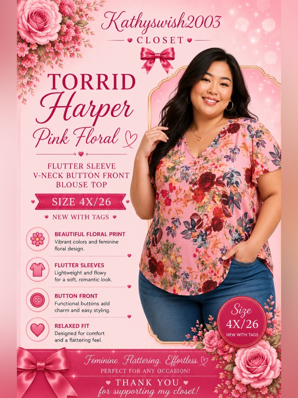 Torrid Harper Pink Floral Flutter Sleeve VNeck Button Front Blouse Top 4X 26 NWT